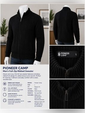 Men’s SweaterPIONEER Black Ribbed Full-Zip